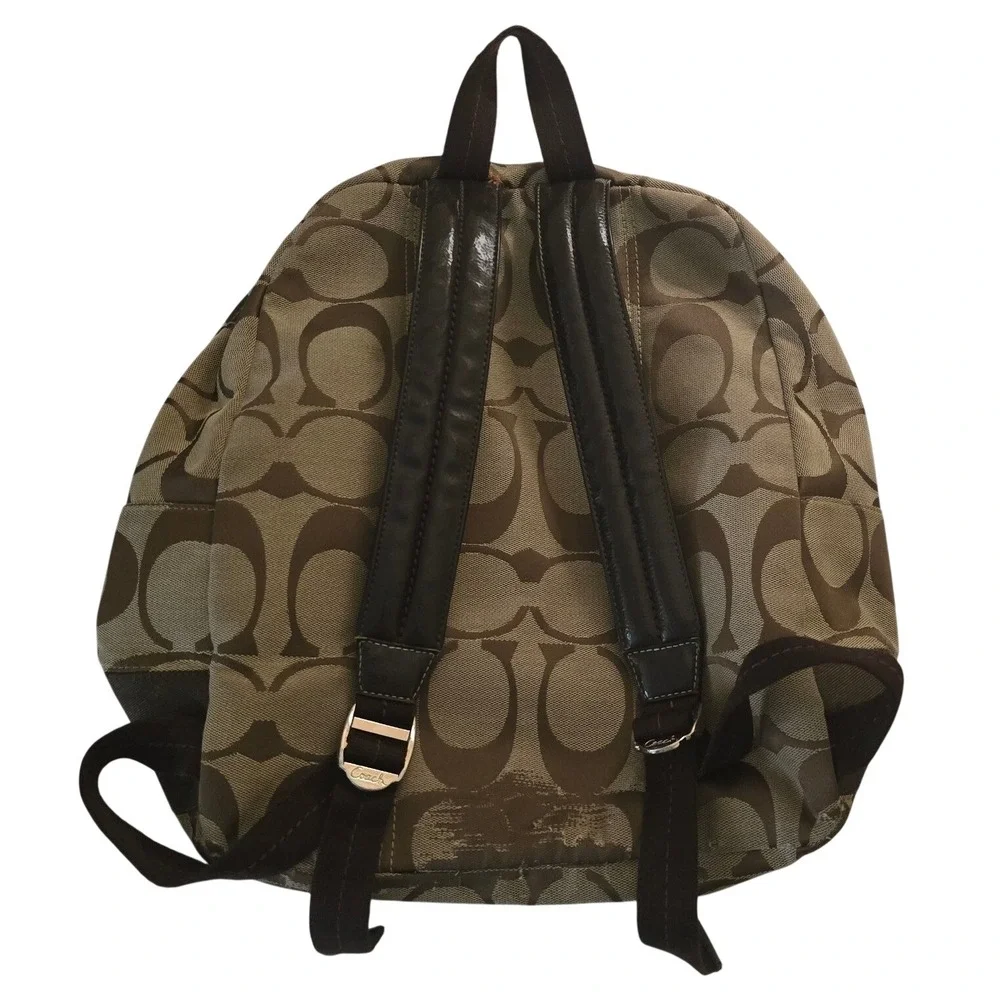 Coach Vintage Y2K Signature Jacquard Canvas Backpack Brown Tan Purple Pom Detail